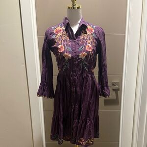 Johnny Was Purple Floral Embroidered Long-Sleeve Button Dress
